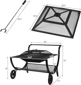 Fire Pit, 27" Metal Wood Burning Firepit Stove with Wheel & Storage Shelf, Outdoor Fire Pit with Lid for Camping, BBQ, Garden, Backyard