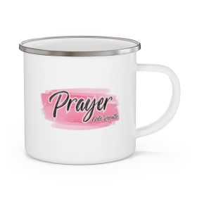 Enamel Camping Mug, Prayer Gets Results, Pink And Black Illustration