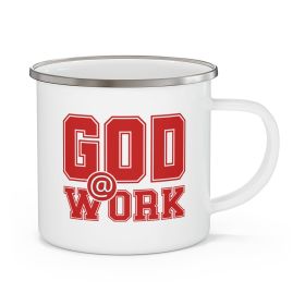 Enamel Camping Mug, God @ Work Red And White Print